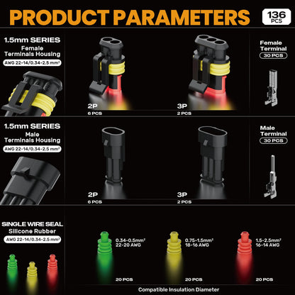 SOMELINE® Waterproof Automotive Electrical Connectors Crimping Tool Kit, with 2/3 Pin Automotive Connectors, Pins and 22–14 AWG Ratchet Crimper – For Car, Truck, Motorcycle, Marine & DIY Wiring