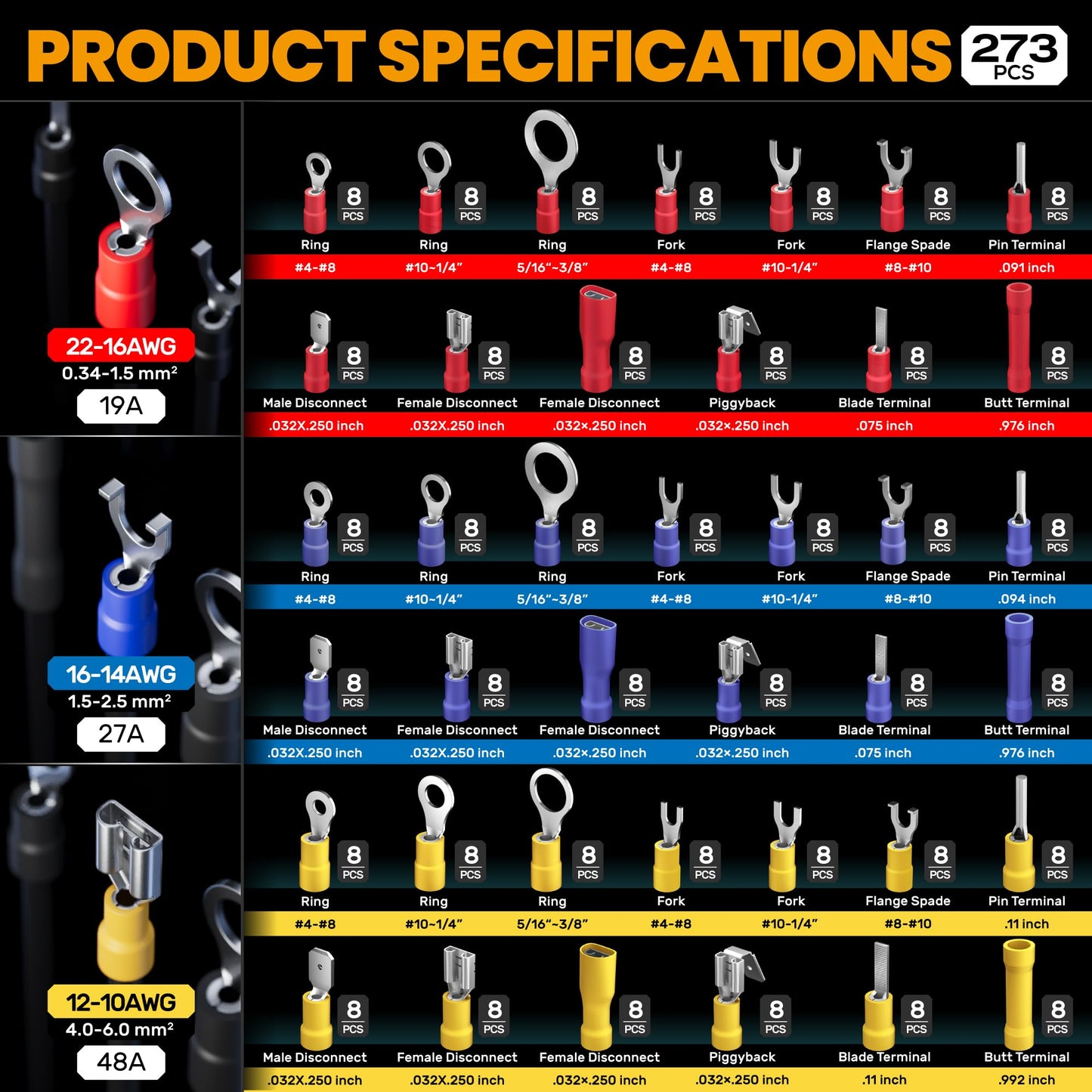 SOMELINE® Wire Terminals Crimping Tool, with 39 Sizes Insulated Ratcheting Terminals Crimper Kit of AWG 22-10 Insulated Electrical Butt Bullet Spade Fork Ring Spade Splice Crimp Terminals