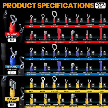 SOMELINE® Wire Terminals Crimping Tool, with 39 Sizes Insulated Ratcheting Terminals Crimper Kit of AWG 22-10 Insulated Electrical Butt Bullet Spade Fork Ring Spade Splice Crimp Terminals