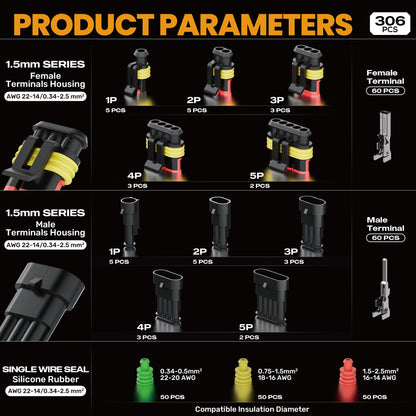 SOMELINE® Crimping Tool Kit, Waterproof Automotive Electrical Connectors (1/2/3/4/5 Pin), 22–14 AWG Ratchet Crimper & Terminal Removal Tools for Car/Motorcycle/Boat