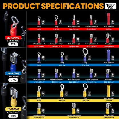 SOMELINE® Electrical Connectors Crimping Tool Set, Ratchet Terminal Crimper 22-10 AWG, with 26 Sizes Ring Spade Butt Piggyback Insulated Connectors, Wire Crimp Tool Kit