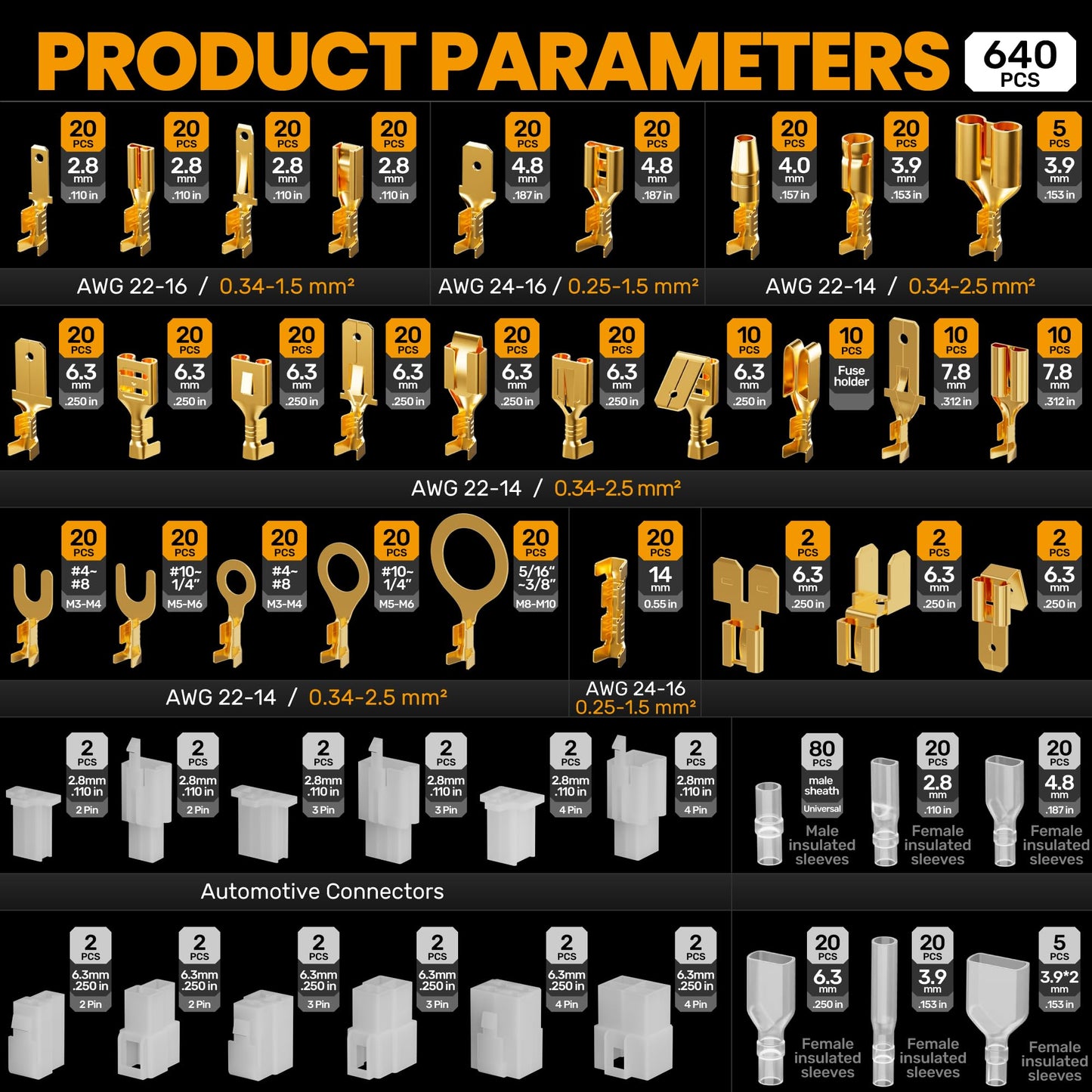 SOMELINE® Spade Connector Crimping Tool Kit 24-14 AWG, 40 Types 2.8/4.8/6.3/7.8 mm Non-Insulated Spade Terminals and Terminal Housings - Open Barrel Crimping Tool, Ratchet Wire Crimper Tool