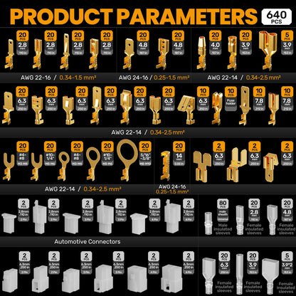 SOMELINE® Spade Connector Crimping Tool Kit 24-14 AWG, 40 Types 2.8/4.8/6.3/7.8 mm Non-Insulated Spade Terminals and Terminal Housings - Open Barrel Crimping Tool, Ratchet Wire Crimper Tool