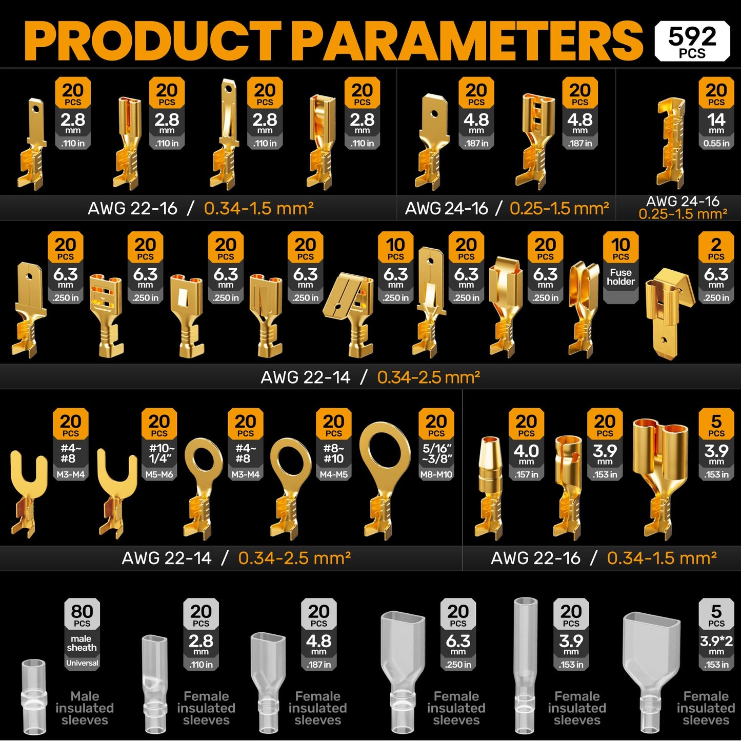 SOMELINE® Spade Terminal Crimping Tool Kit AWG 24-14, 24 Types 2.8/3.9/4.8/6.3 mm Male & Female Quick Disconnect Non-Insulated Connectors - Open Barrel Crimping Tool