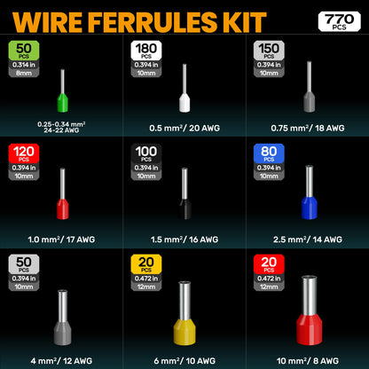 SOMELINE® Ferrule Crimping Tool Kit,Self-Adjusting Pliers for wire ferrules AWG 24-8, With 9 Sizes Insulated Wire Ferrules Terminals,Square Crimp Connector Assortment Kit (GX9-4)