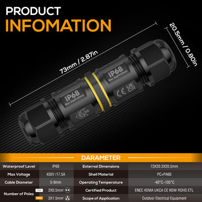 SOMELINE® Waterproof Junction Box Outdoor Cable Connectors IP68 Connector External Sleeve Coupler, 2-Way Outdoor Extension Electrical Cable Protector Connectors Cable Diameter Ø 5mm-9mm (Pack of 4)