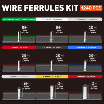 SOMELINE® Crimpwerkzeug-Set mit 9 Arten von nicht isolierten Aderendhülsen – Aderendhülsenzange 0,25–10 mm² (AWG 24–8) I Elektriker-Werkzeuge, Crimper, Crimpzange, Draht-Crimpzange, Crimpzange