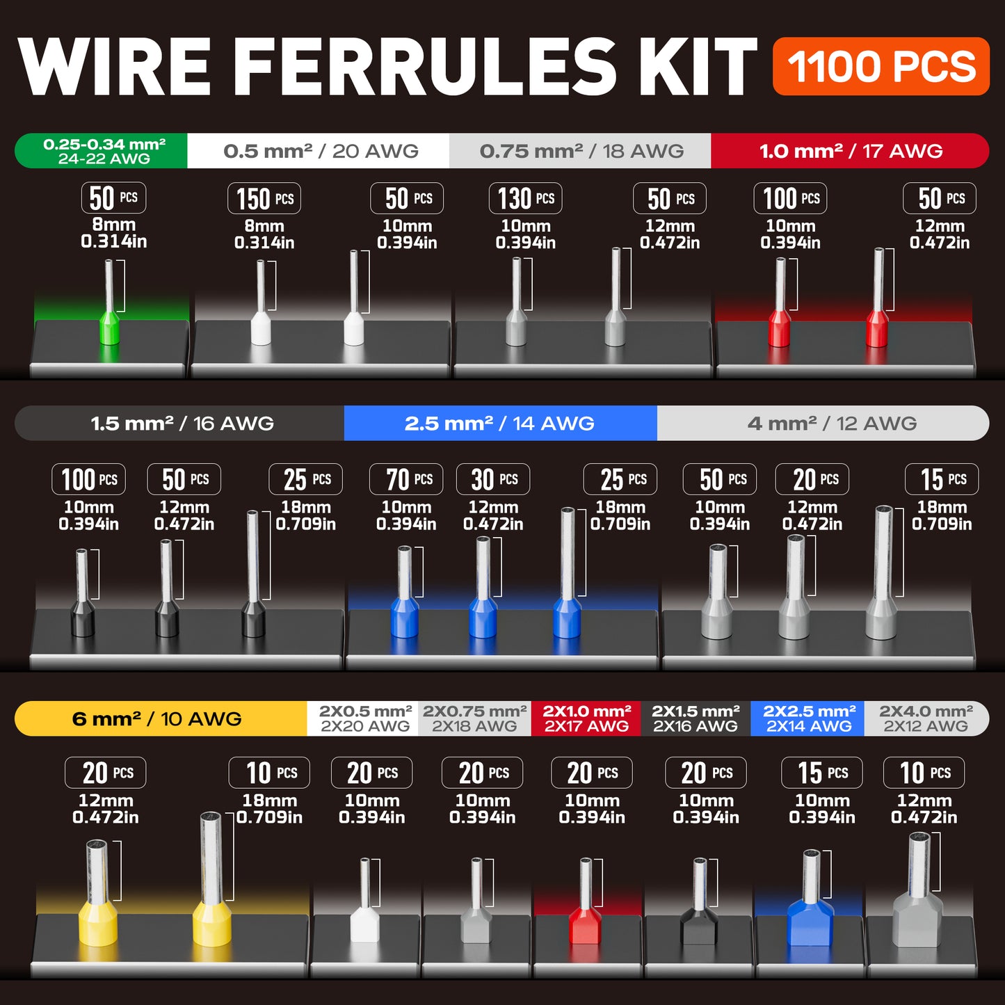 SOMELINE® Ferrule Crimping Tool set, Hexagonal Ferrule Crimping Pliers (AWG 24-10), with 24 Sizes Insulated Ferrules and Insulated Twin Ferrules, Crimp Pliers and Stripper Kit Crimp Connector