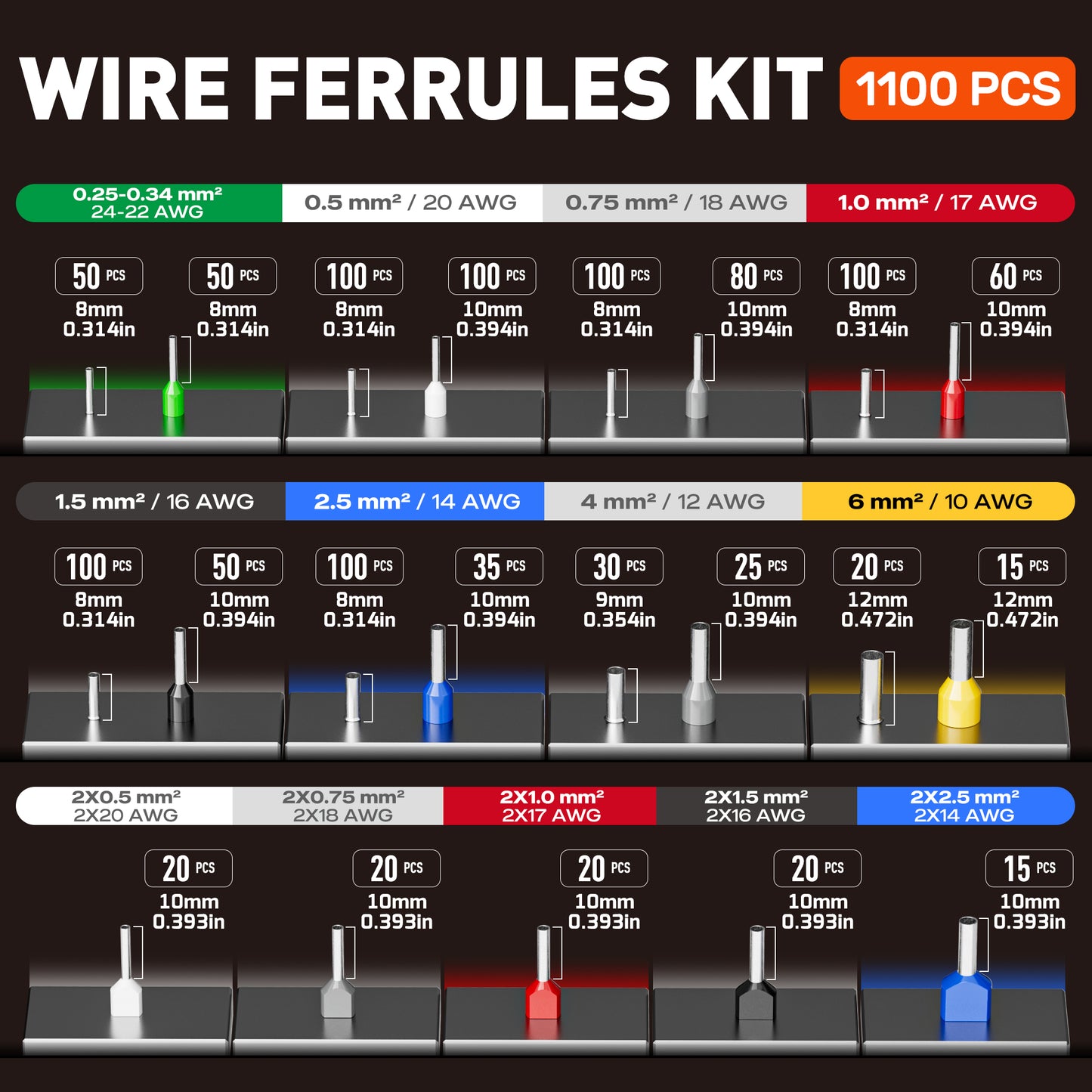 SOMELINE® Crimpwerkzeug-Set mit 21 Arten von Aderendhülsen – Sechskant-Aderendhülsenzange 0,25–6 mm² (AWG 24–10). Elektriker-Werkzeuge, Crimper, Crimpzange, Draht-Crimpzange, Crimpzange