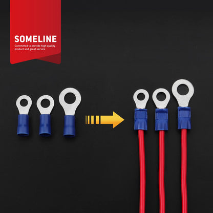 SOMELINE® Ring PVC Cable Lugs 1.5-2.5 mm², Blue Hole Ø M3 M4 M5 M6 M8 M10 M12, Partially Insulated Copper Tinned Crimp Connectors, Set of 60