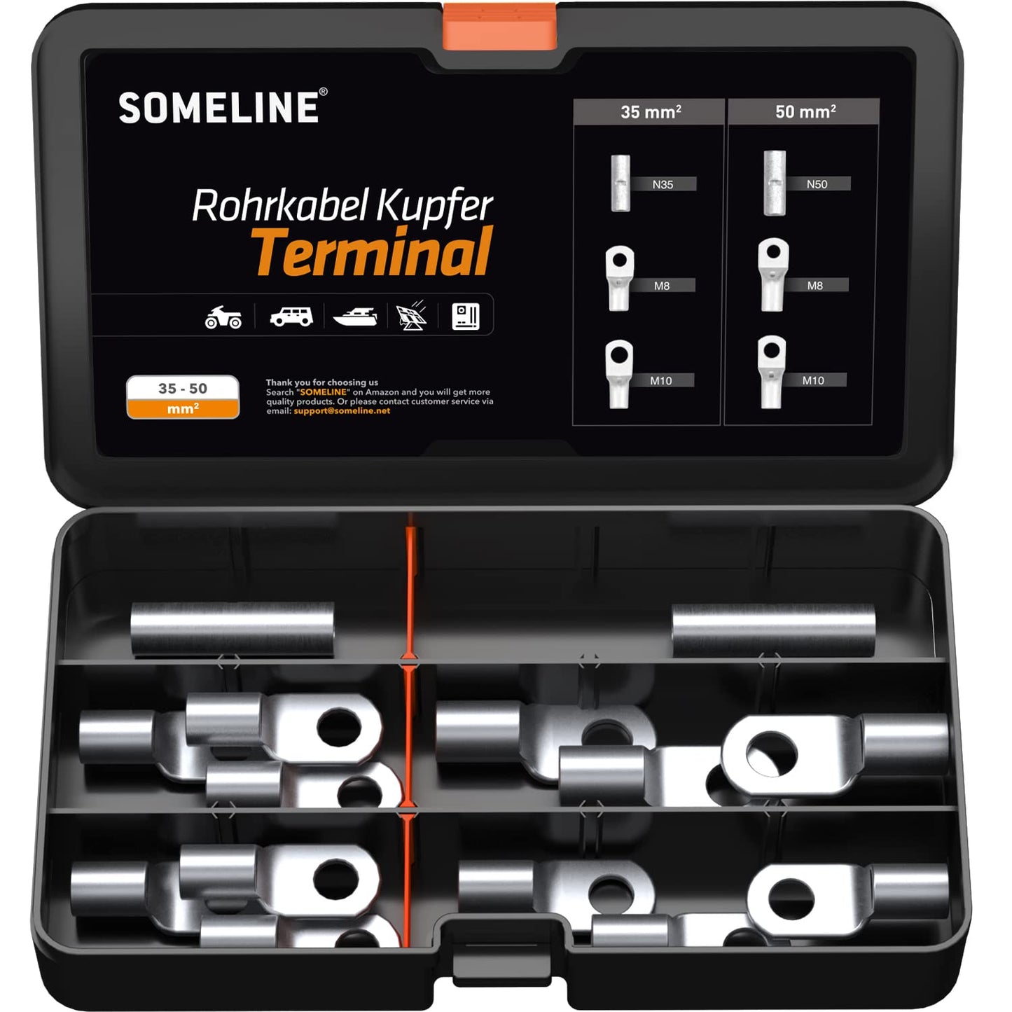 SOMELINE® T-Series Tube Cable Lug Kits - Ring Cable Lugs - Cable Lugs - Battery Cable Lugs - Crimp Connectors - Suitable as Cable Connectors for Automotive - 35-50mm² - Wire Cable Crimping