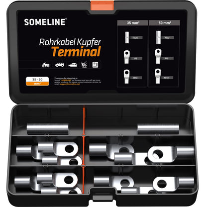 SOMELINE® T-Series Tube Cable Lug Kits - Ring Cable Lugs - Cable Lugs - Battery Cable Lugs - Crimp Connectors - Suitable as Cable Connectors for Automotive - 35-50mm² - Wire Cable Crimping