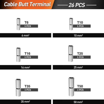 SOMELINE® T-Series Tube Cable Lug Kits - Butt Connectors - Cable Lugs - Battery Cable Lugs - Crimp Connectors - Suitable as Cable Connectors for Automotive - 6-50mm² - Wire Cable Crimping