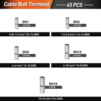 SOMELINE® DIN Series Cable Lug Set, Butt Connectors, Crimp Connectors, Crimp Cable Lugs for Bare Cables 0.34mm² - 6mm², 10mm² - 16mm², Non-Insulated, with Cable Lugs, Compatible with 16S Crimping Pliers