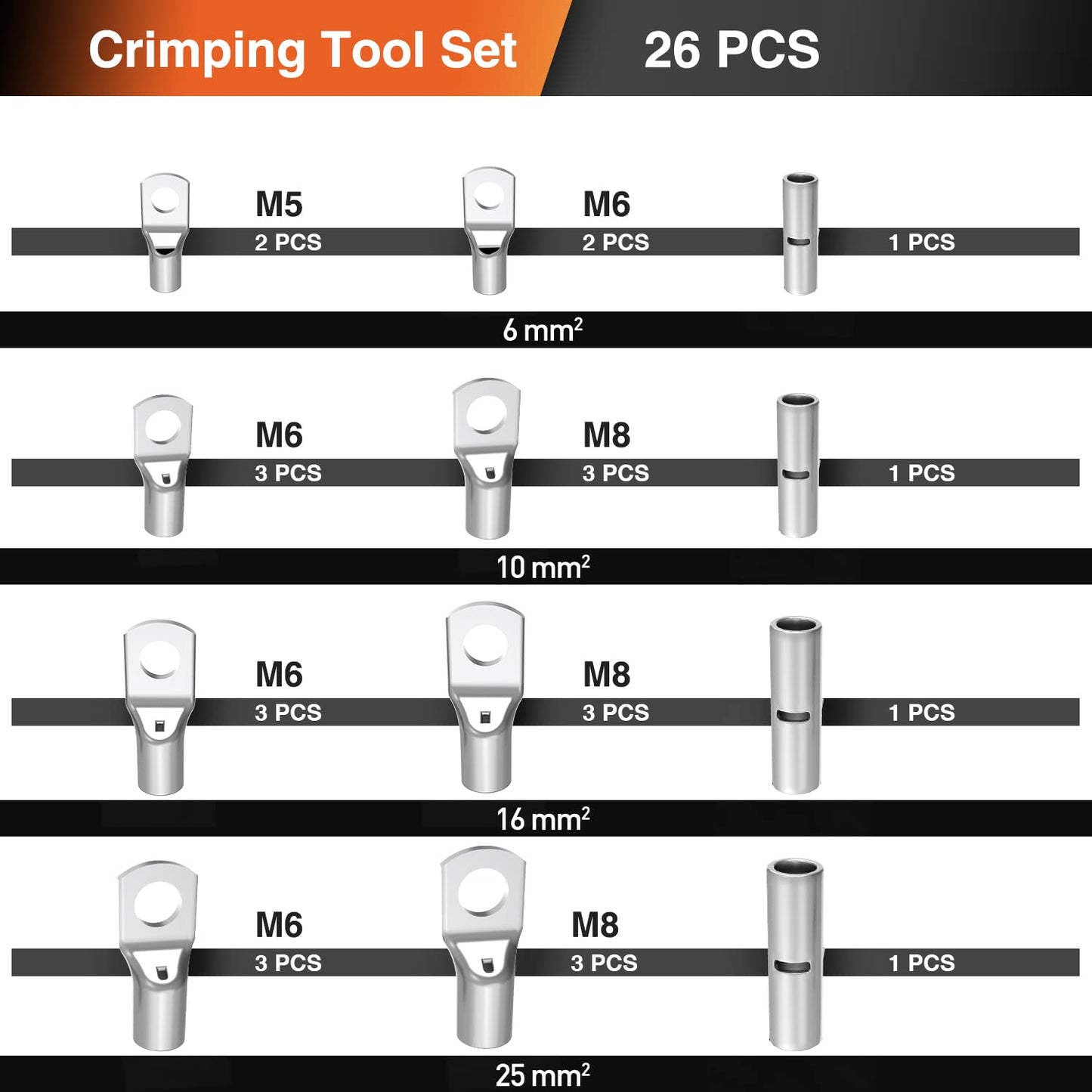 SOMELINE® T-Series Tube Cable Lug Kits - Ring Cable Lugs - Cable Lugs - Battery Cable Lugs - Crimp Connectors - Suitable as Cable Connectors for Automotive - 6-25mm² - Wire Cable Crimping