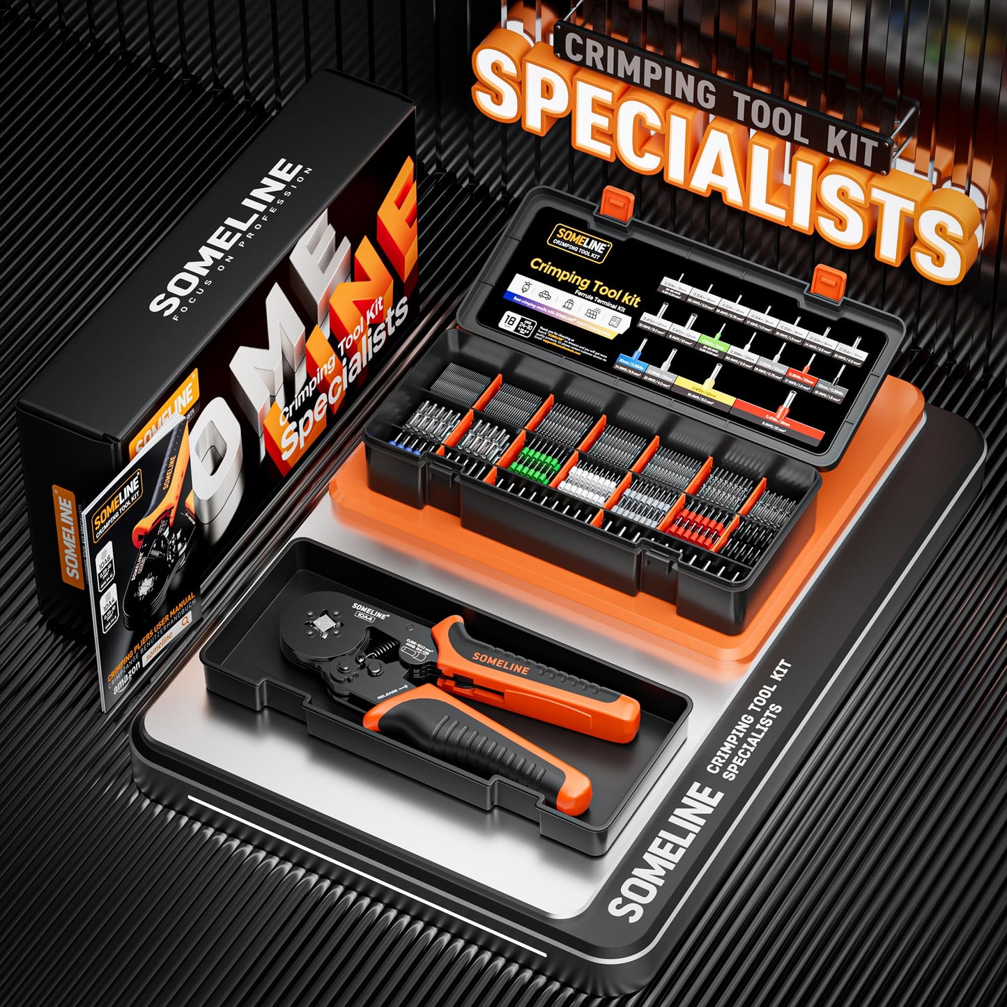 SOMELINE® Ferrule Crimping Tool Kit, Self-Adjusting Pliers for Wire Ferrules AWG 24-8, With 18 Sizes Insulated and Non-insulated Wire Ferrules Terminals, Square Crimp Connector Assortment Kit