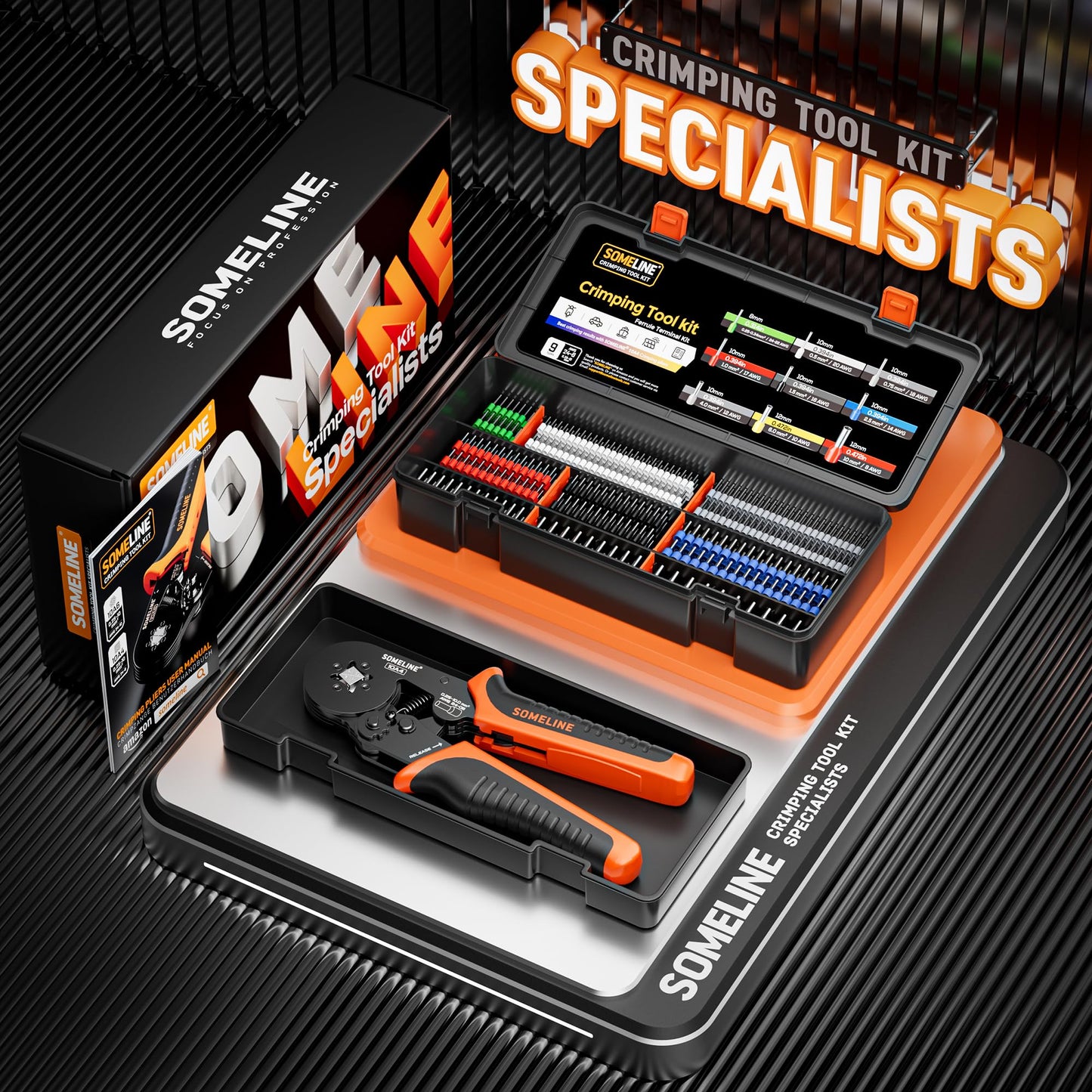 SOMELINE® Ferrule Crimping Tool Kit,Self-Adjusting Pliers for wire ferrules AWG 24-8, With 9 Sizes Insulated Wire Ferrules Terminals,Square Crimp Connector Assortment Kit (GX9-4)