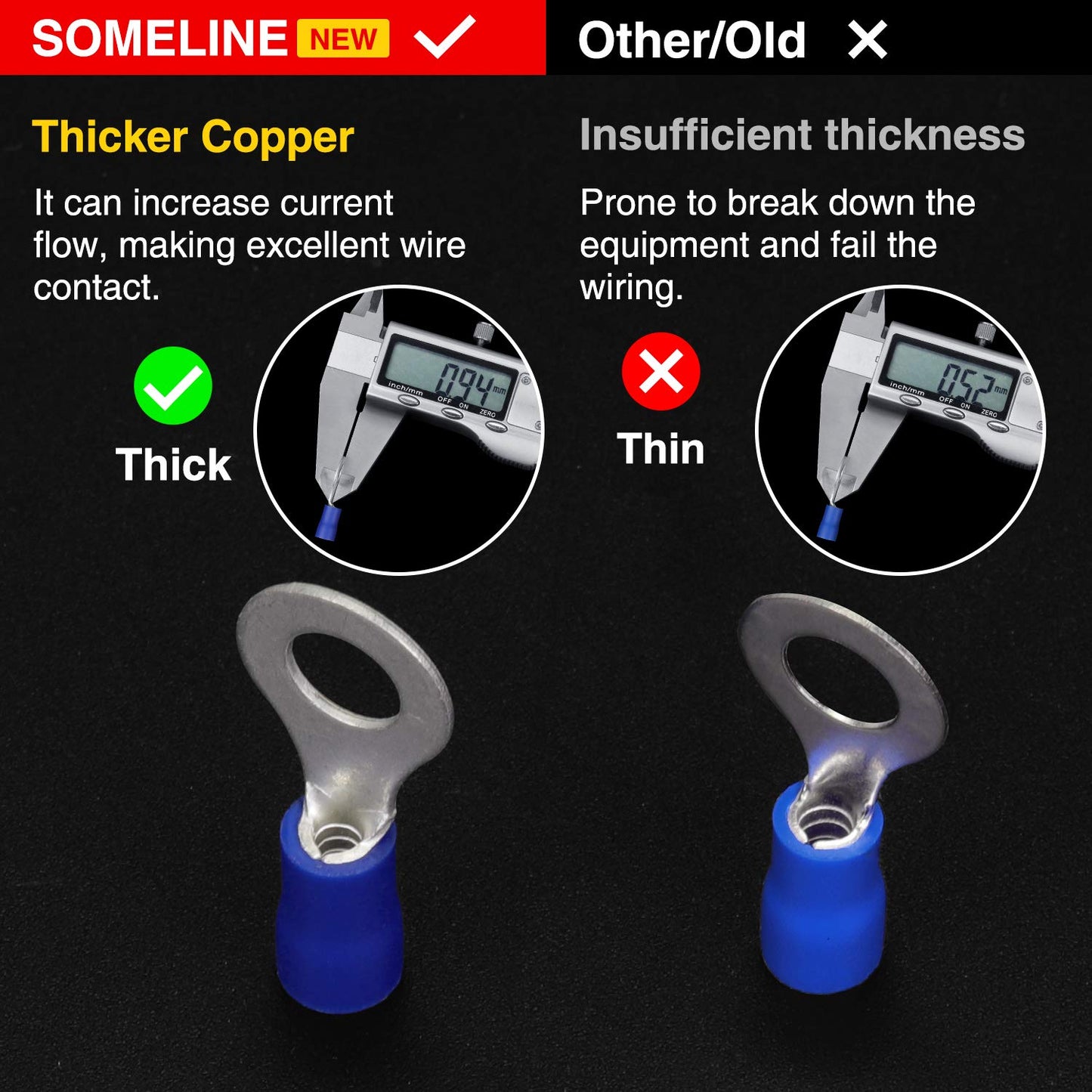 SOMELINE® Ring PVC Cable Lugs 1.5-2.5 mm², Blue Hole Ø M3 M4 M5 M6 M8 M10 M12, Partially Insulated Copper Tinned Crimp Connectors, Set of 60