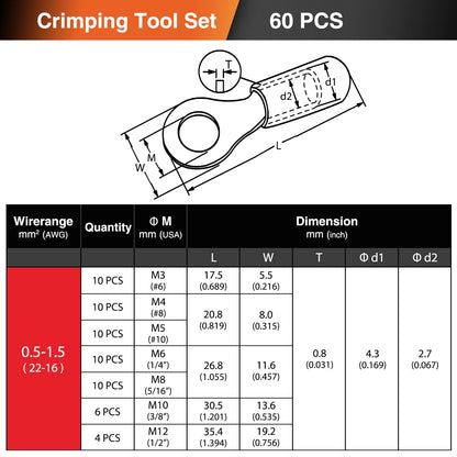 SOMELINE® Ring PVC Cable Lugs 0.34-1.5 mm², Red Hole Ø M3 M4 M5 M6 M8 M10 M12, Partially Insulated Copper Tinned Crimp Connectors, Set of 60