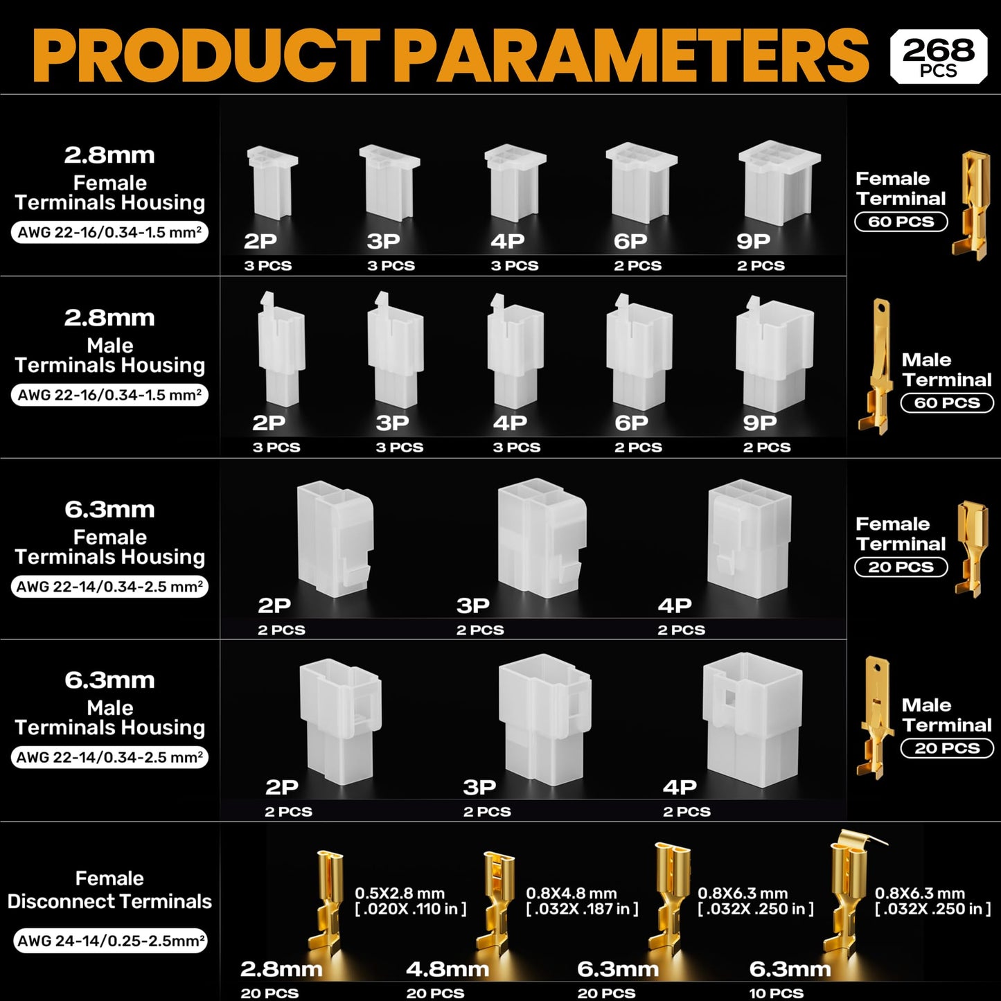 SOMELINE® Automotive Wire Connectors Crimp Tool Kit, Crimper for 24-14 AWG Non-Insulated Quick Disconnect Terminals, with 2-9 Pin 2.8mm/6.3mm Plugs & Sockets
