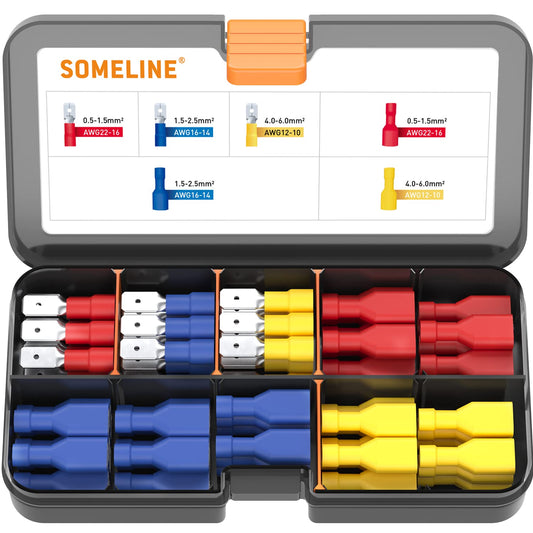 SOMELINE® Cable Lug Set, Flat Connectors, Crimp Connectors Assortment, Ferrules Set 0.34-6.0mm², 6 Types Cable Lugs, Flat Receptacles, Cable Connectors, Cable Plugs, Round Connectors