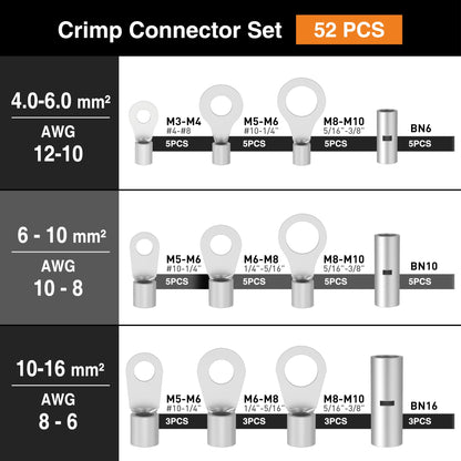 SOMELINE® DIN Series Ring Cable Lug Set for Cables 4-16mm², Includes Ring, Crimp, Cable Lugs in Sizes M5, M6, M8 & M10, Tube Cable Lugs, Compatible with 16S Crimping Pliers