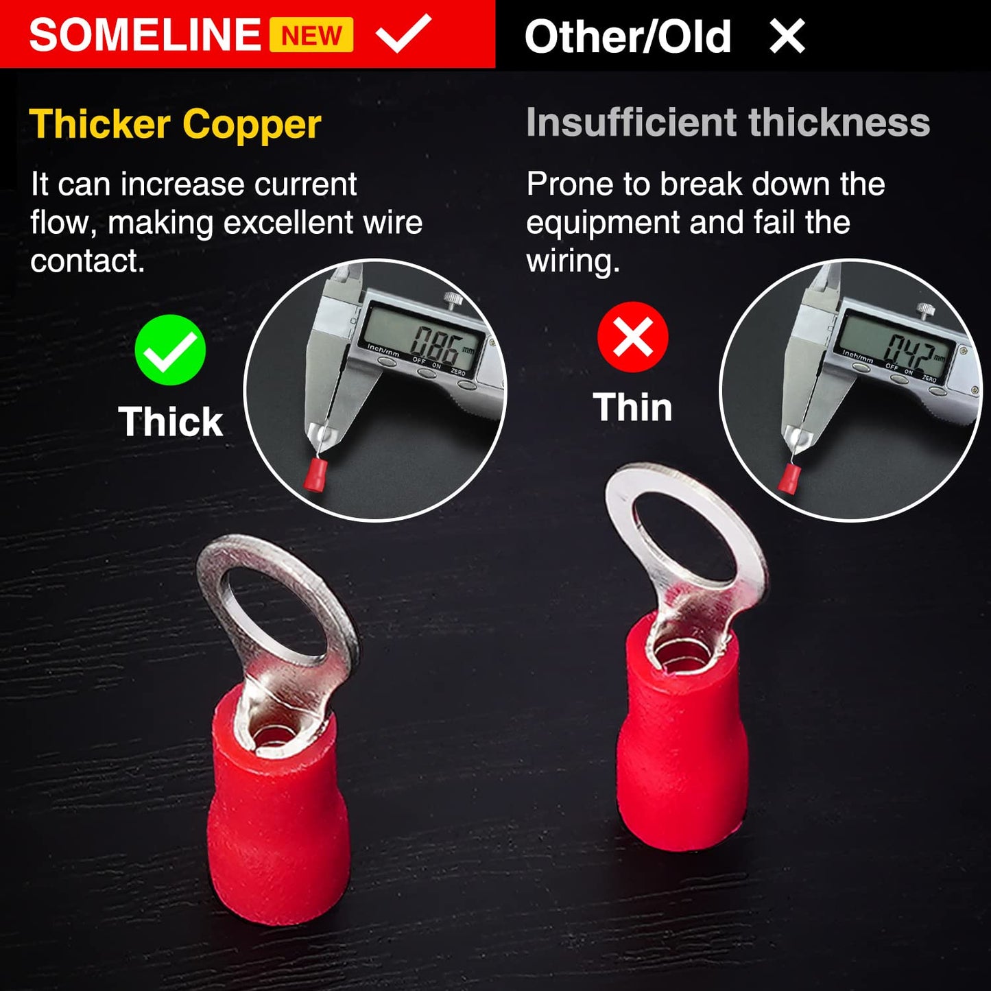 SOMELINE® Ring PVC Cable Lugs 0.34-1.5 mm², Red Hole Ø M3 M4 M5 M6 M8 M10 M12, Partially Insulated Copper Tinned Crimp Connectors, Set of 60