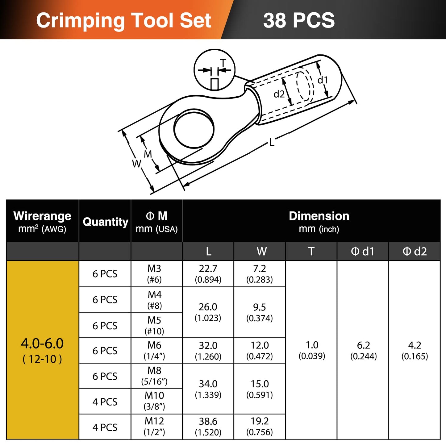 SOMELINE® Ring PVC Cable Lugs 4-6 mm², Yellow Hole Ø M3 M4 M5 M6 M8 M10 M12, Partially Insulated Copper Tinned Crimp Connectors, Set of 38