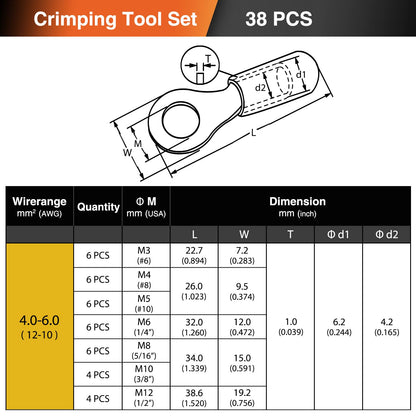 SOMELINE® Ring PVC Cable Lugs 4-6 mm², Yellow Hole Ø M3 M4 M5 M6 M8 M10 M12, Partially Insulated Copper Tinned Crimp Connectors, Set of 38
