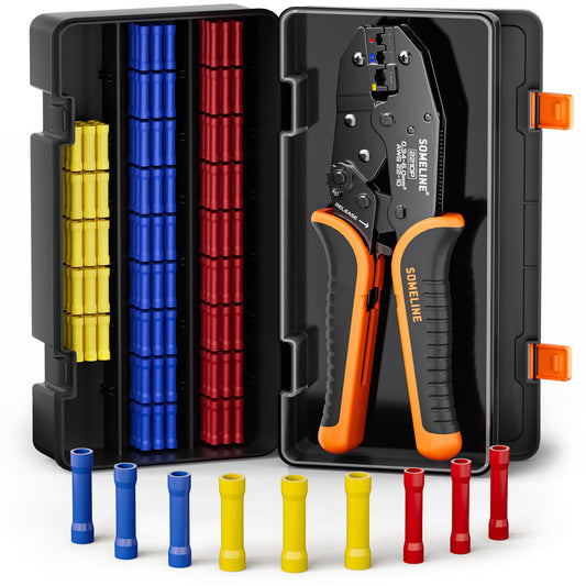 SOMELINE® Butt Connectors Crimping Tool Kit 0.34–6 mm² (AWG 22–10), 3 Types of Insulated Butt Crimp Connectors – Terminal Crimping Tool and Electrical Connectors Kit