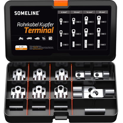 SOMELINE® T-Series Tube Cable Lug Kits - Ring Cable Lugs - Cable Lugs - Battery Cable Lugs - Crimp Connectors - Suitable as Cable Connectors for Automotive - 6-25mm² - Wire Cable Crimping