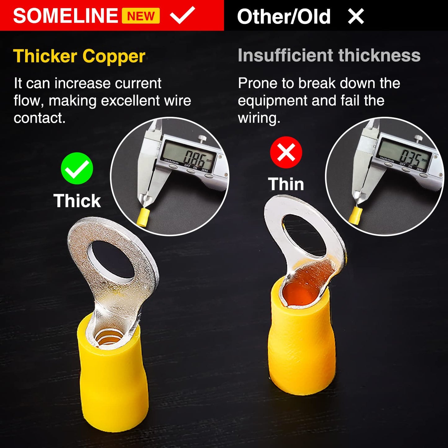 SOMELINE® Ring PVC Cable Lugs 4-6 mm², Yellow Hole Ø M3 M4 M5 M6 M8 M10 M12, Partially Insulated Copper Tinned Crimp Connectors, Set of 38