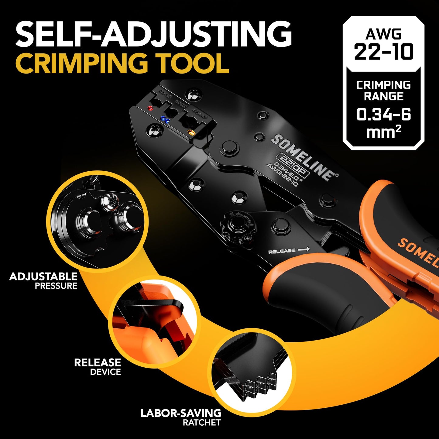 SOMELINE® Crimping Tool for Insulated Electrical Connectors 0.34–6 mm² – Ratchet Crimping Plier – Electrical Crimper Pliers – Terminal Crimping Tool