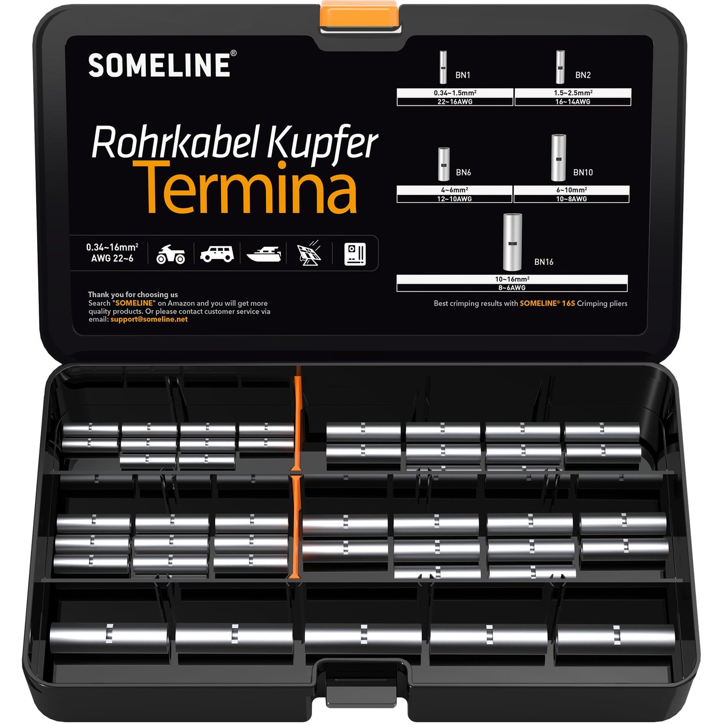 SOMELINE® DIN Series Cable Lug Set, Butt Connectors, Crimp Connectors, Crimp Cable Lugs for Bare Cables 0.34mm² - 6mm², 10mm² - 16mm², Non-Insulated, with Cable Lugs, Compatible with 16S Crimping Pliers