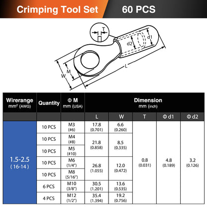 SOMELINE® Ring PVC Cable Lugs 1.5-2.5 mm², Blue Hole Ø M3 M4 M5 M6 M8 M10 M12, Partially Insulated Copper Tinned Crimp Connectors, Set of 60