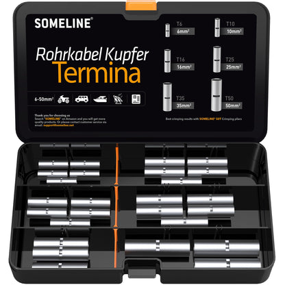 SOMELINE® T-Series Tube Cable Lug Kits - Butt Connectors - Cable Lugs - Battery Cable Lugs - Crimp Connectors - Suitable as Cable Connectors for Automotive - 6-50mm² - Wire Cable Crimping