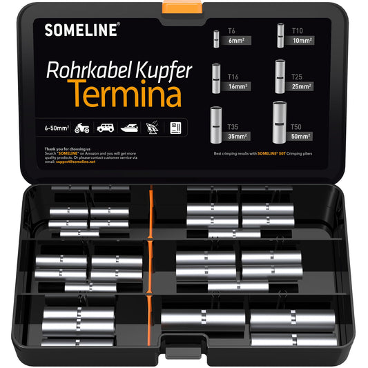 SOMELINE® T-Series Tube Cable Lug Kits - Butt Connectors - Cable Lugs - Battery Cable Lugs - Crimp Connectors - Suitable as Cable Connectors for Automotive - 6-50mm² - Wire Cable Crimping