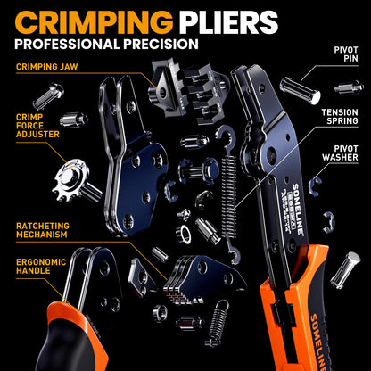 SOMELINE® Spade Terminal Crimping Tool Kit AWG 24-14, 24 Types 2.8/3.9/4.8/6.3 mm Male & Female Quick Disconnect Non-Insulated Connectors - Open Barrel Crimping Tool