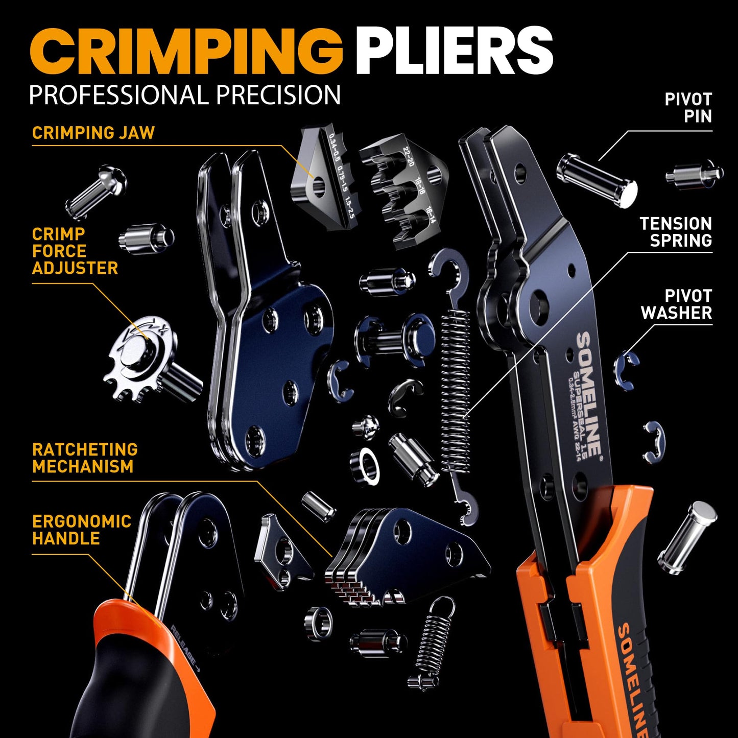 SOMELINE® Wire Crimping Tool with Ratchet 22–14 AWG for Waterproof Automotive Electrical Connectors – Open Barrel Crimping Tool – Crimping Pliers Compatible with TE AMP Superseal 1.5 mm Series