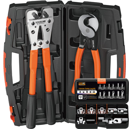SOMELINE® Crimping Tool Cable Lugs Set, Tube Cable Lug Pliers 6-50mm², Tinned Copper Ring Cable Lugs with Bolt Hole, Includes Cable Cutter + Tool Box, Crimping Pliers - Pressing Tool, Electrical Tool Set