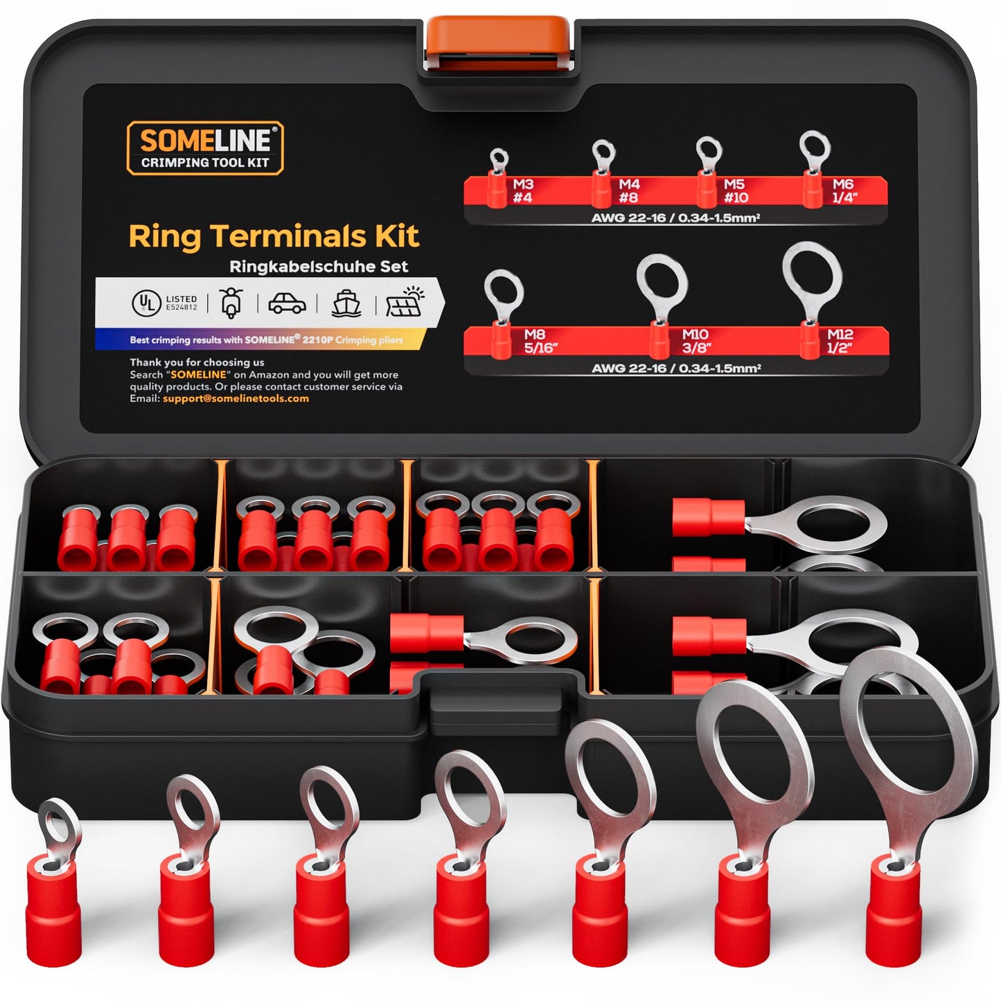 SOMELINE® Ring PVC Cable Lugs 0.34-1.5 mm², Red Hole Ø M3 M4 M5 M6 M8 M10 M12, Partially Insulated Copper Tinned Crimp Connectors, Set of 60