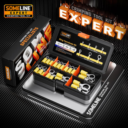 SOMELINE® Ring PVC Cable Lugs 4-6 mm², Yellow Hole Ø M3 M4 M5 M6 M8 M10 M12, Partially Insulated Copper Tinned Crimp Connectors, Set of 38