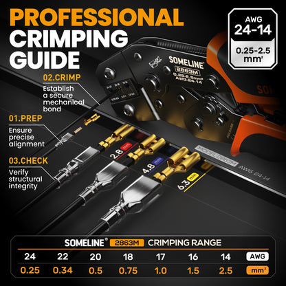 SOMELINE® Open Terminal Connector Crimping Tool Kit, 2.8/4.8/6.3mm Male Female Non-Insulated Disconnect Terminals, AWG 24-14 Crimping Pliers for Molex 2.13/2.36mm, AMP - TE CONNECTIVITY Connectors