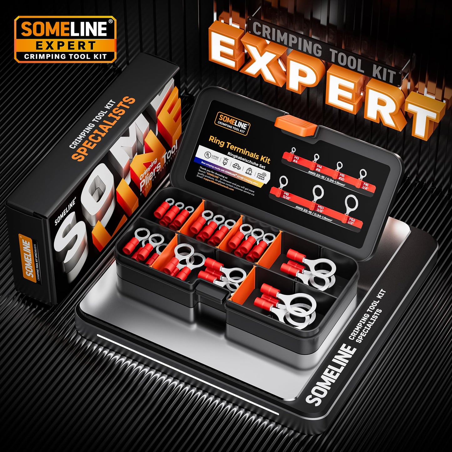 SOMELINE® Ring PVC Cable Lugs 0.34-1.5 mm², Red Hole Ø M3 M4 M5 M6 M8 M10 M12, Partially Insulated Copper Tinned Crimp Connectors, Set of 60