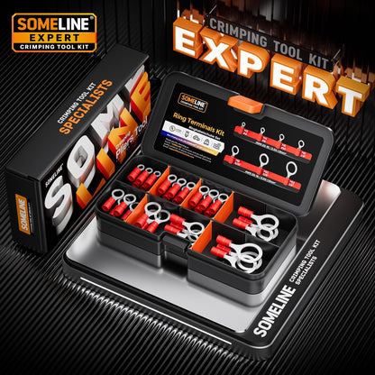 SOMELINE® Ring PVC Cable Lugs 0.34-1.5 mm², Red Hole Ø M3 M4 M5 M6 M8 M10 M12, Partially Insulated Copper Tinned Crimp Connectors, Set of 60