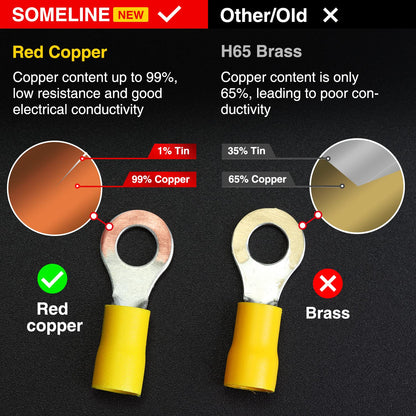 SOMELINE® Ring PVC Cable Lugs 4-6 mm², Yellow Hole Ø M3 M4 M5 M6 M8 M10 M12, Partially Insulated Copper Tinned Crimp Connectors, Set of 38