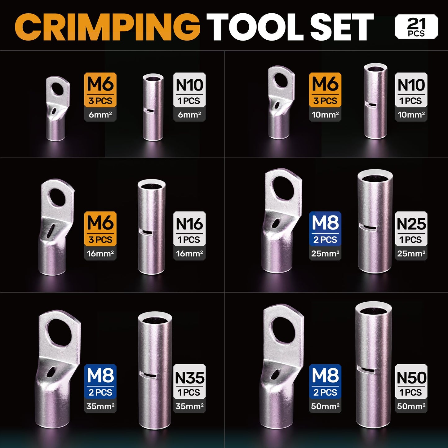 SOMELINE® Crimping Tool Cable Lugs Set, Tube Cable Lug Pliers 6-50mm², Tinned Copper Ring Cable Lugs with Bolt Hole, Includes Cable Cutter + Tool Box, Crimping Pliers - Pressing Tool, Electrical Tool Set