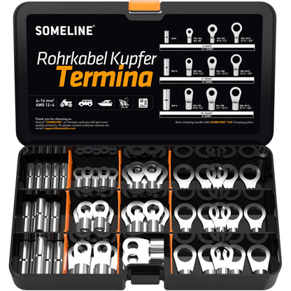 SOMELINE® DIN Series Ring Cable Lug Set for Cables 4-16mm², Includes Ring, Crimp, Cable Lugs in Sizes M5, M6, M8 & M10, Tube Cable Lugs, Compatible with 16S Crimping Pliers