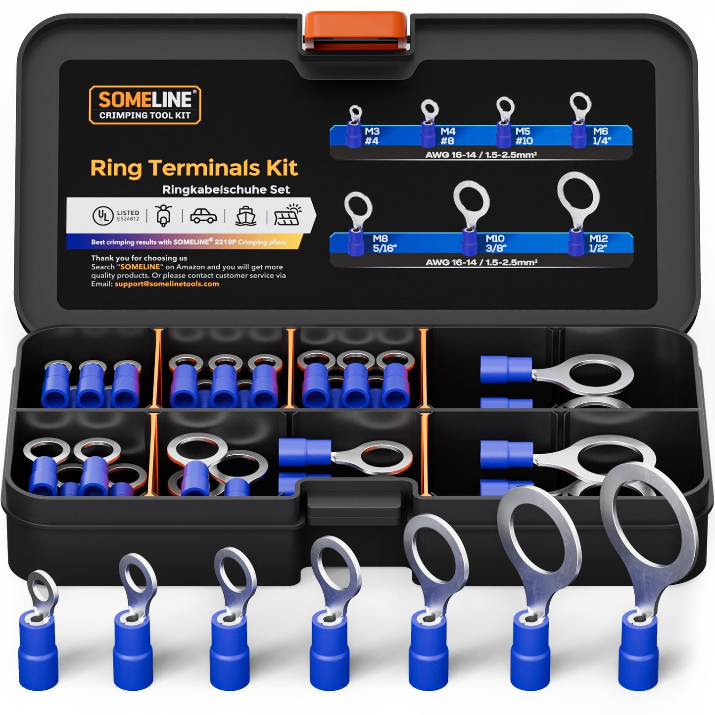 SOMELINE® Ring PVC Cable Lugs 1.5-2.5 mm², Blue Hole Ø M3 M4 M5 M6 M8 M10 M12, Partially Insulated Copper Tinned Crimp Connectors, Set of 60