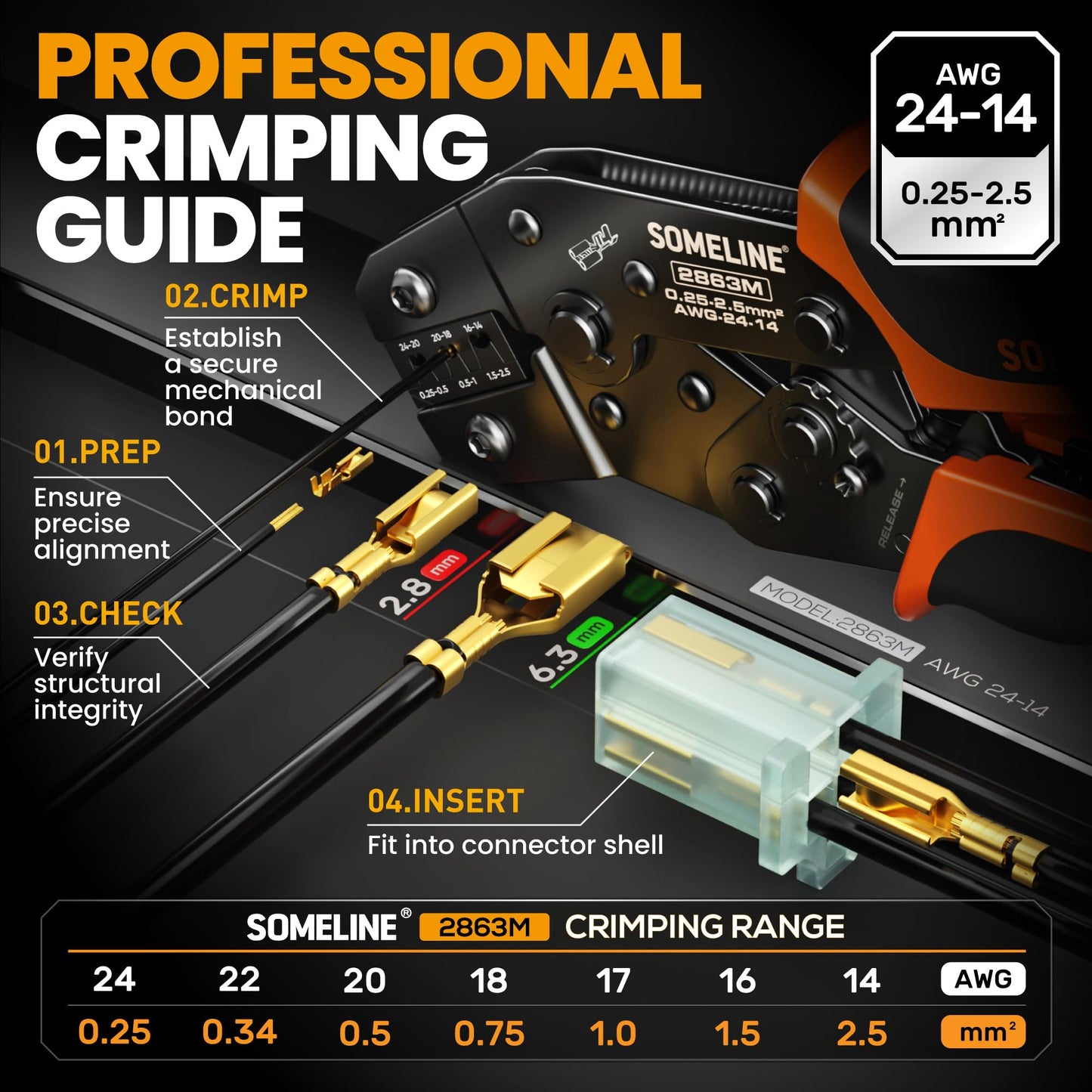 SOMELINE® Automotive Wire Connectors Crimp Tool Kit, Crimper for 24-14 AWG Non-Insulated Quick Disconnect Terminals, with 2-9 Pin 2.8mm/6.3mm Plugs & Sockets, Includes Wire Stripper